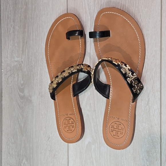 Tory Burch Womens Val Leather Loop Toe Logo Flats Sandals shoes sz 7.5M - Picture 2 of 11